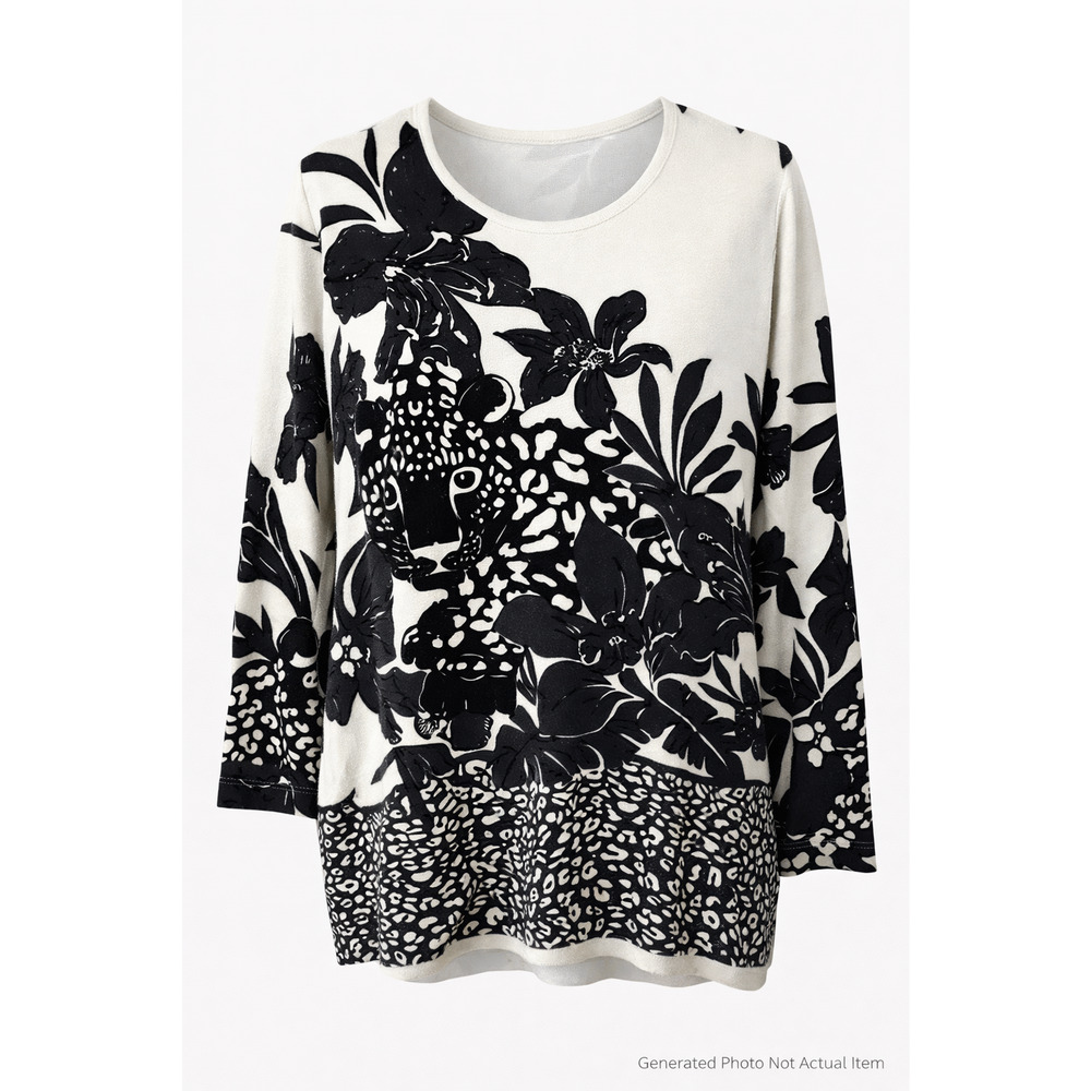 Perri New York Women's Sweater Top 1X Black White Animal Print Floral Beading